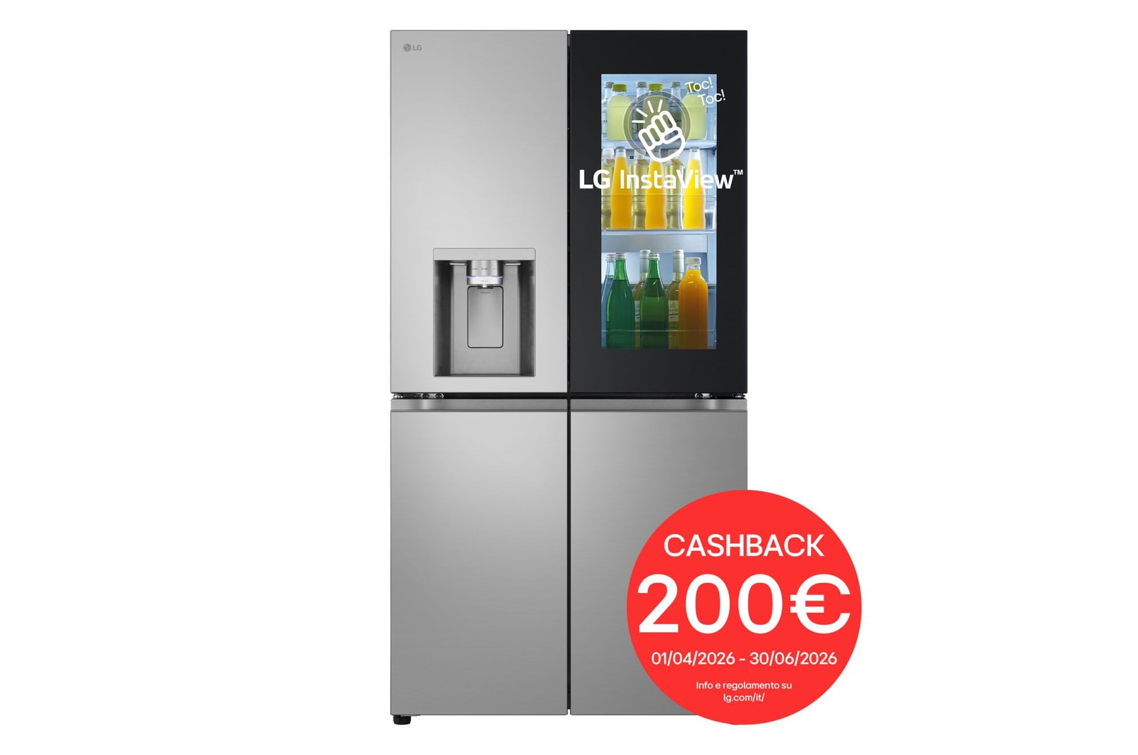 Vista frontale di Frigorifero Multidoor InstaView 4 porte | Classe E, 646L | Wi-Fi, Dispenser acqua senza allaccio, Door & Linear Cooling | Prime Silver GMK961PY5E